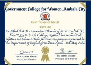 National Level Online Poetry Writing/Reminiscence and Article Writing competition .