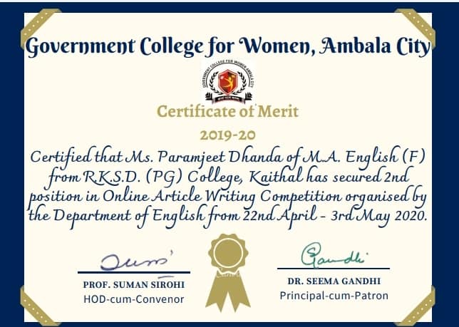 National Level Online Poetry Writing/Reminiscence and Article Writing competition .